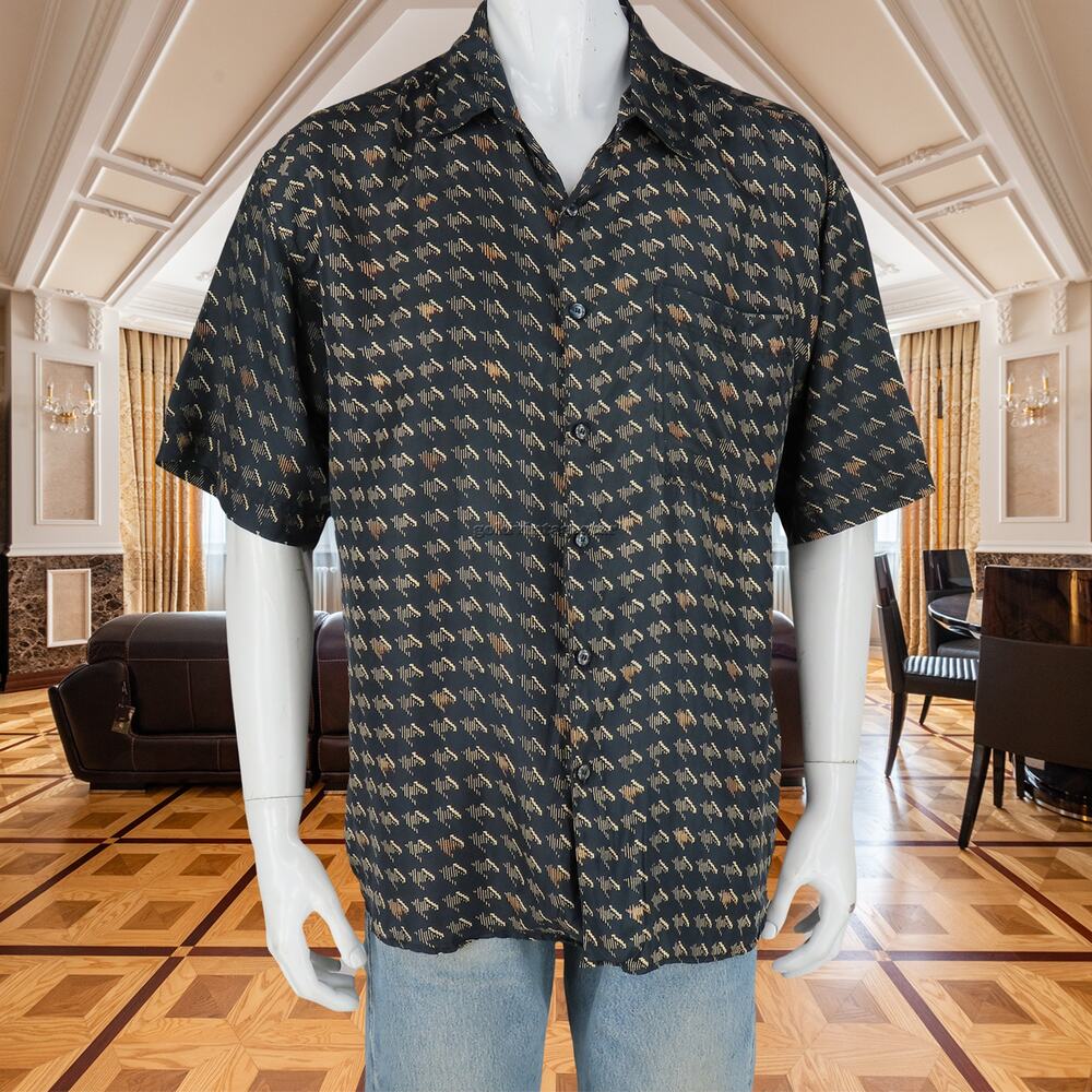 Vintage Abstract Funky Black Silk Button Down Shirt L